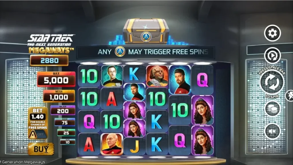 Tampilan antarmuka slot Star Trek: The Next Generation Megaways dengan tema luar angkasa
